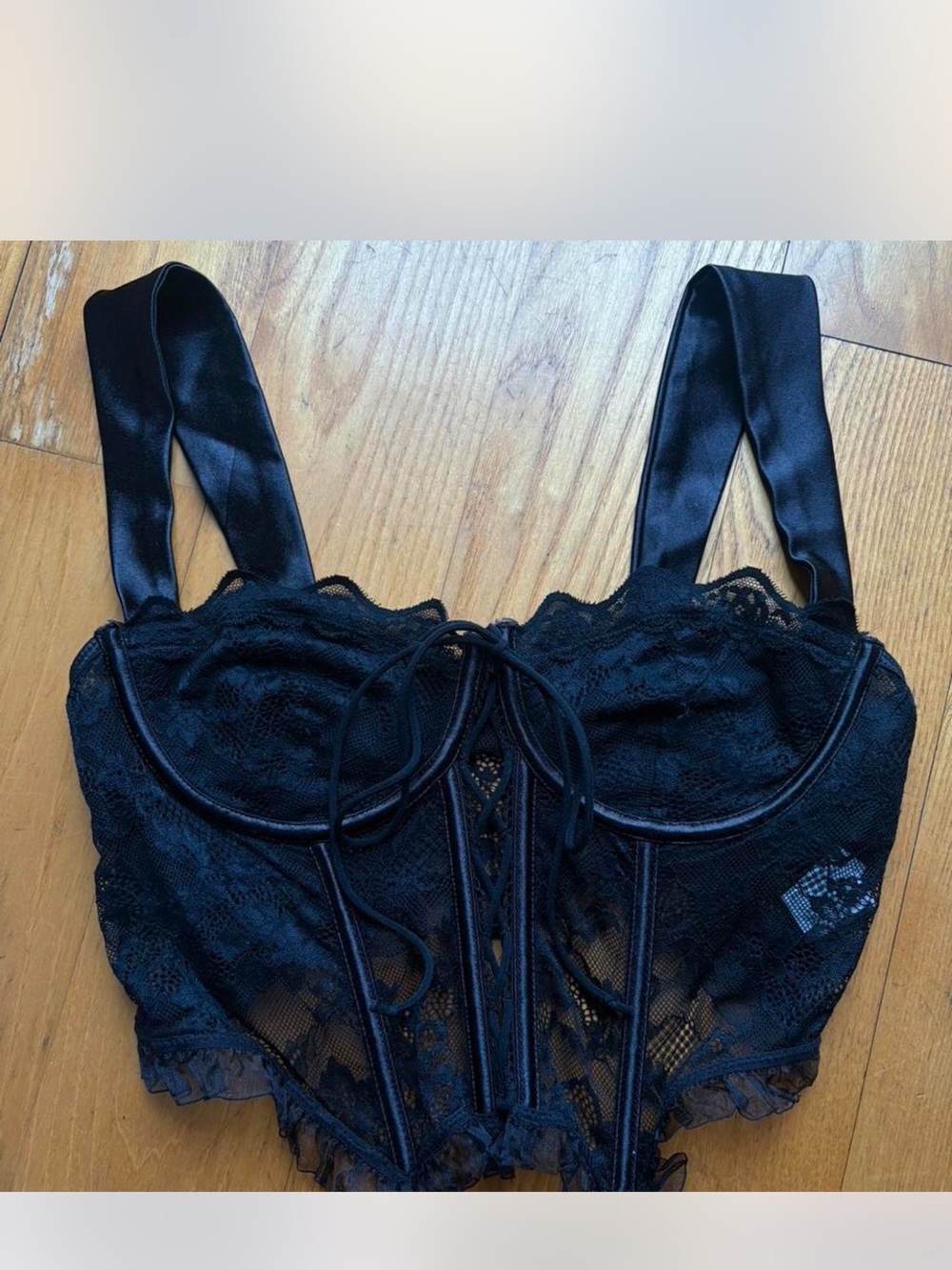 Black Lace Corset Bralette with Satin Straps